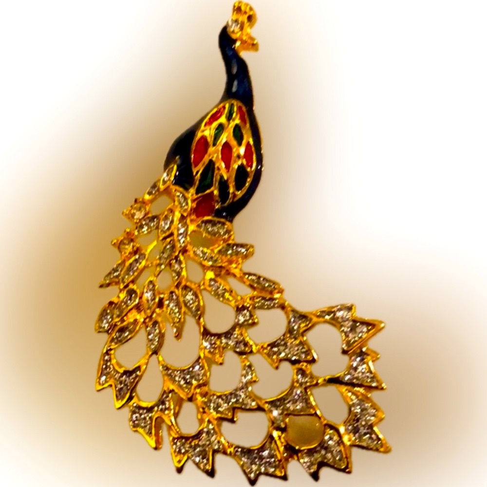 NWOT Enamel Peacock Brooch, black with crystal tails. Gold metal